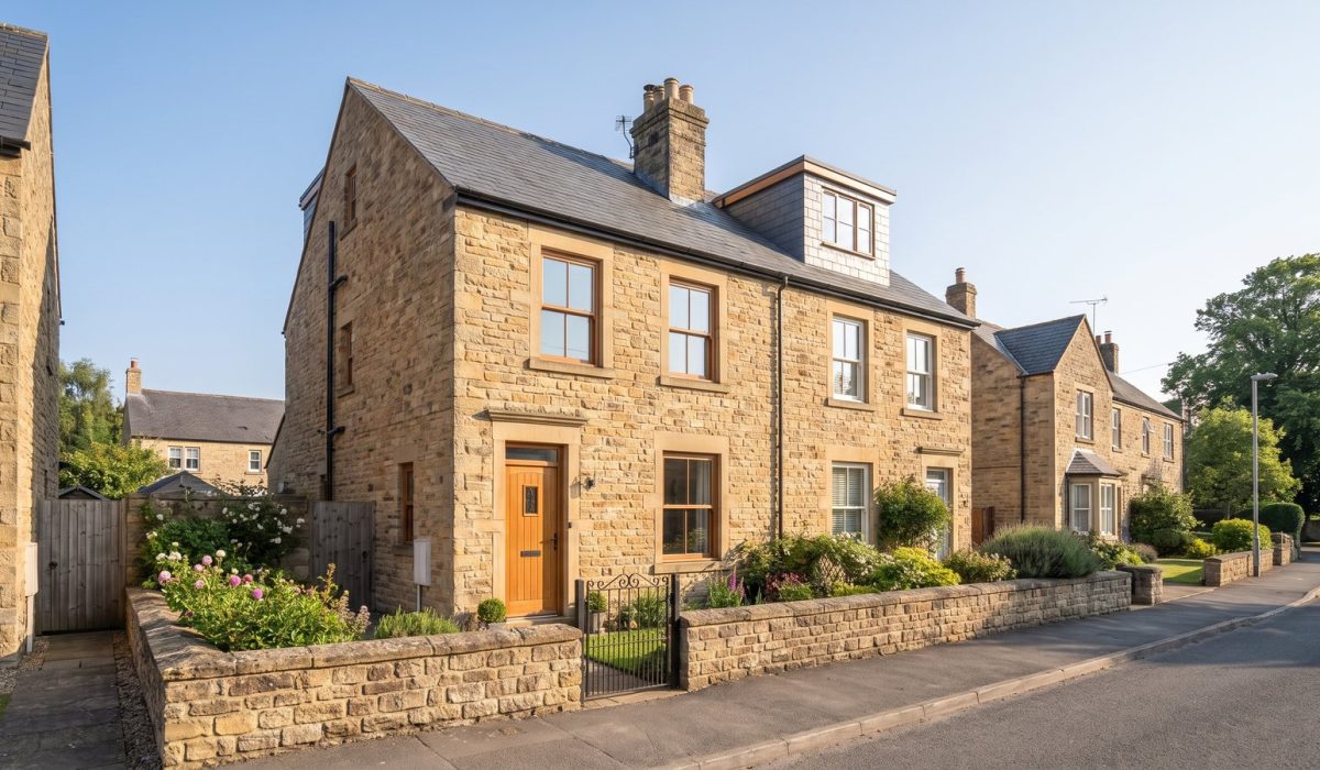 A neat Yorkshire stone-built semi-detached house on a quiet sunny street, honey-coloured stone, slate roof, small front garden with a low wall