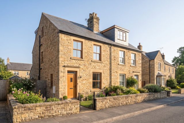 A neat Yorkshire stone-built semi-detached house on a quiet sunny street, honey-coloured stone, slate roof, small front garden with a low wall