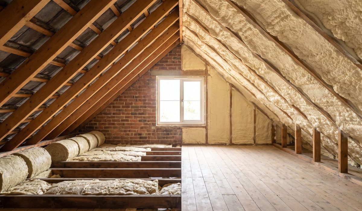 A loft split visually down the middle: on one side neat rolled mineral wool insulation between joists with clean bare rafters
