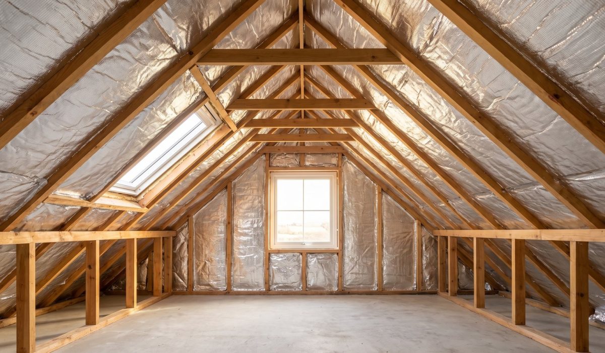 Shiny silver multifoil insulation stapled in taut layers between clean timber rafters in a British loft