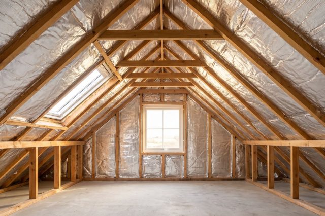 Shiny silver multifoil insulation stapled in taut layers between clean timber rafters in a British loft