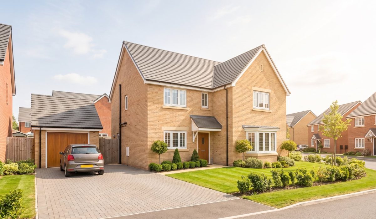 A modern British new-build estate house in buff brick with a grey tiled roof and a small tidy driveway