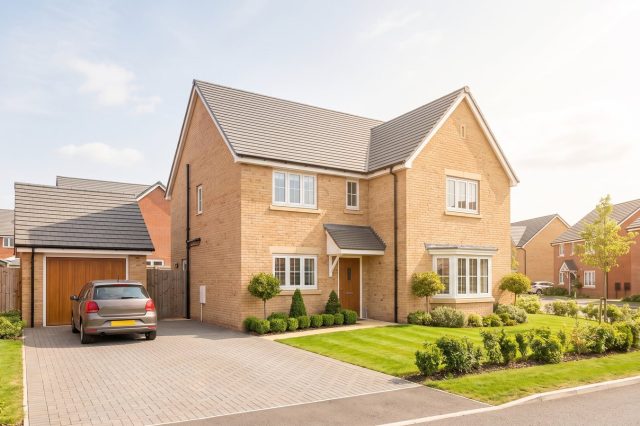 A modern British new-build estate house in buff brick with a grey tiled roof and a small tidy driveway