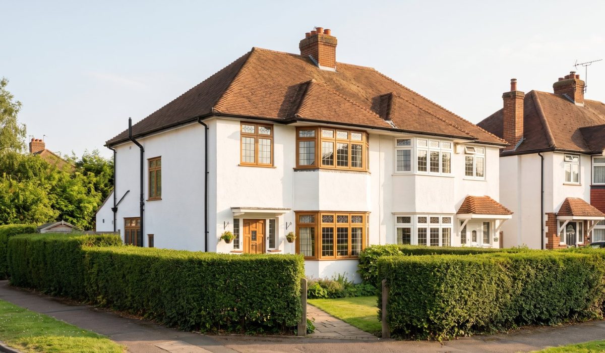 A 1930s British semi-detached house with white render, bay windows, a hipped clay tile roof and a neat privet hedge, in warm sunny afternoon light