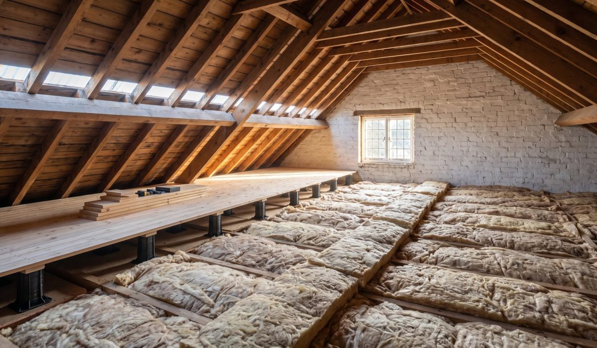 A well-executed British loft insulation job: mineral wool laid between joists then cross-laid over the top, loft boards raised on legs to one side