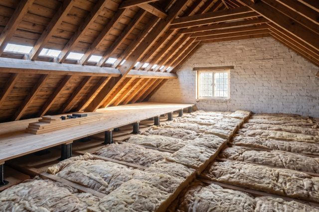 A well-executed British loft insulation job: mineral wool laid between joists then cross-laid over the top, loft boards raised on legs to one side