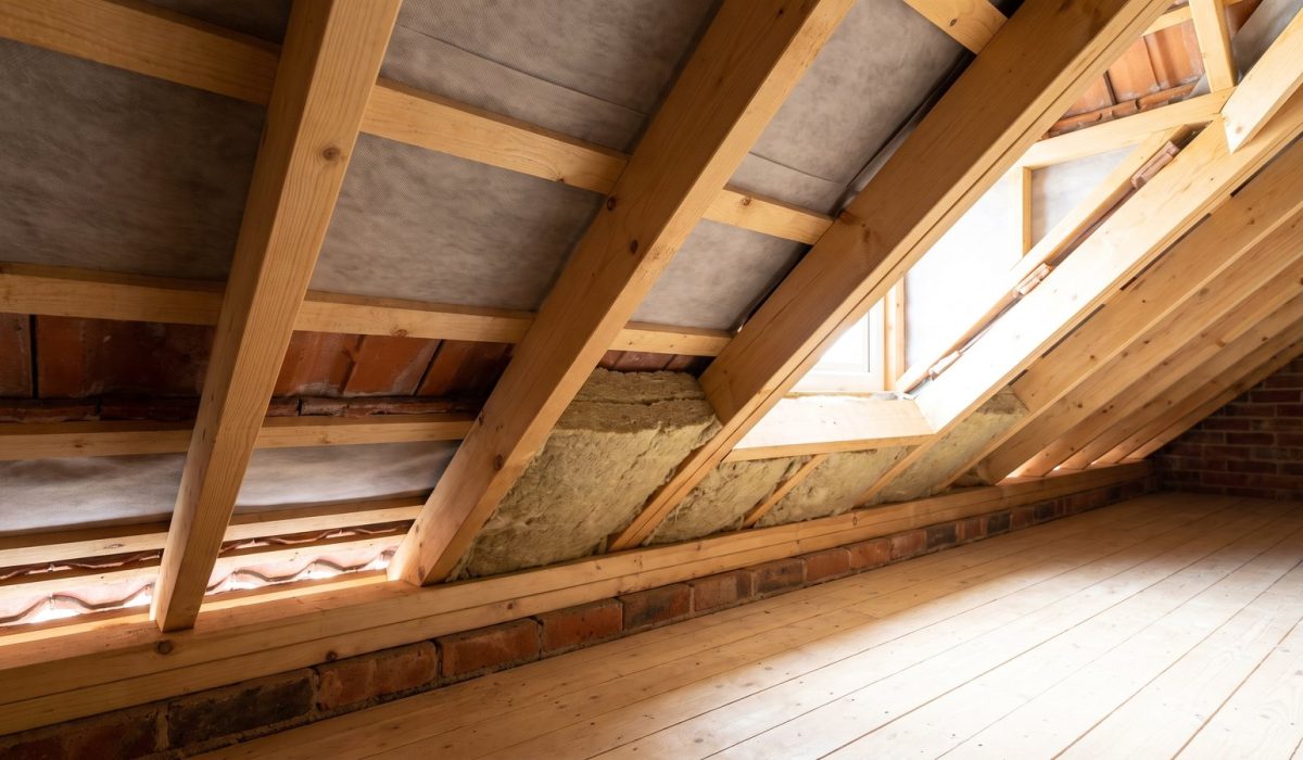 A British loft eaves detail in bright daylight showing the ventilation gap at the wall plate, clean timber rafters