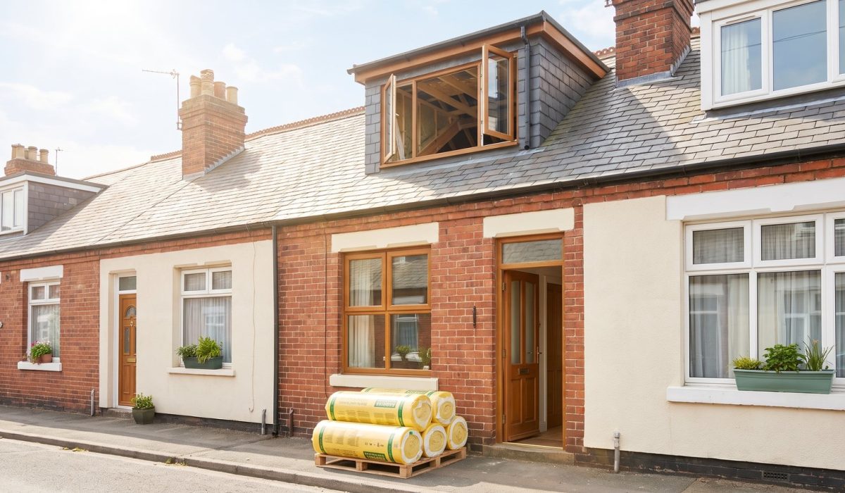 A row of modest British houses in bright sunshine with one loft window open, and a foreground of neatly rolled insulation resting by a doorway