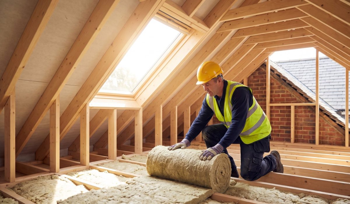 A bright British loft with a tradesman in a yellow hard hat and hi-vis vest unrolling fresh mineral wool insulation between joists