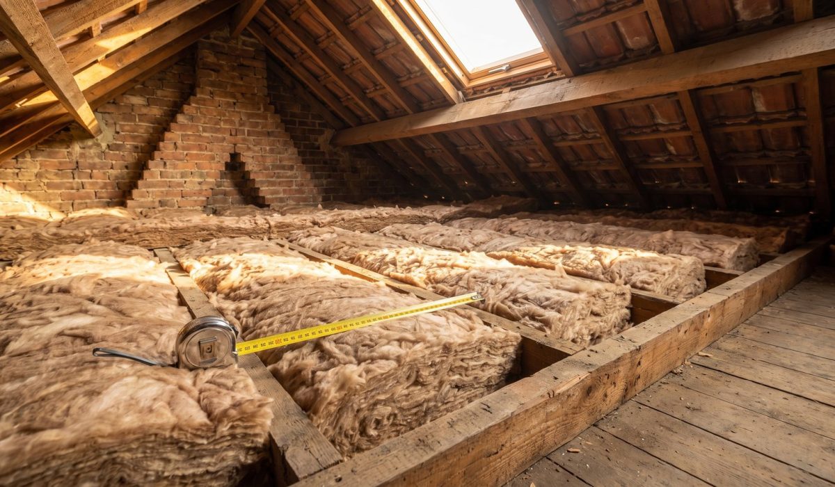 A British loft where a tape measure lies across deep freshly laid mineral wool insulation between joists, showing its thickness
