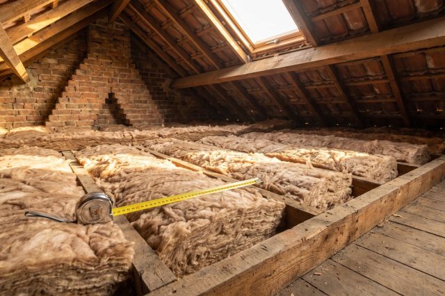 A British loft where a tape measure lies across deep freshly laid mineral wool insulation between joists, showing its thickness