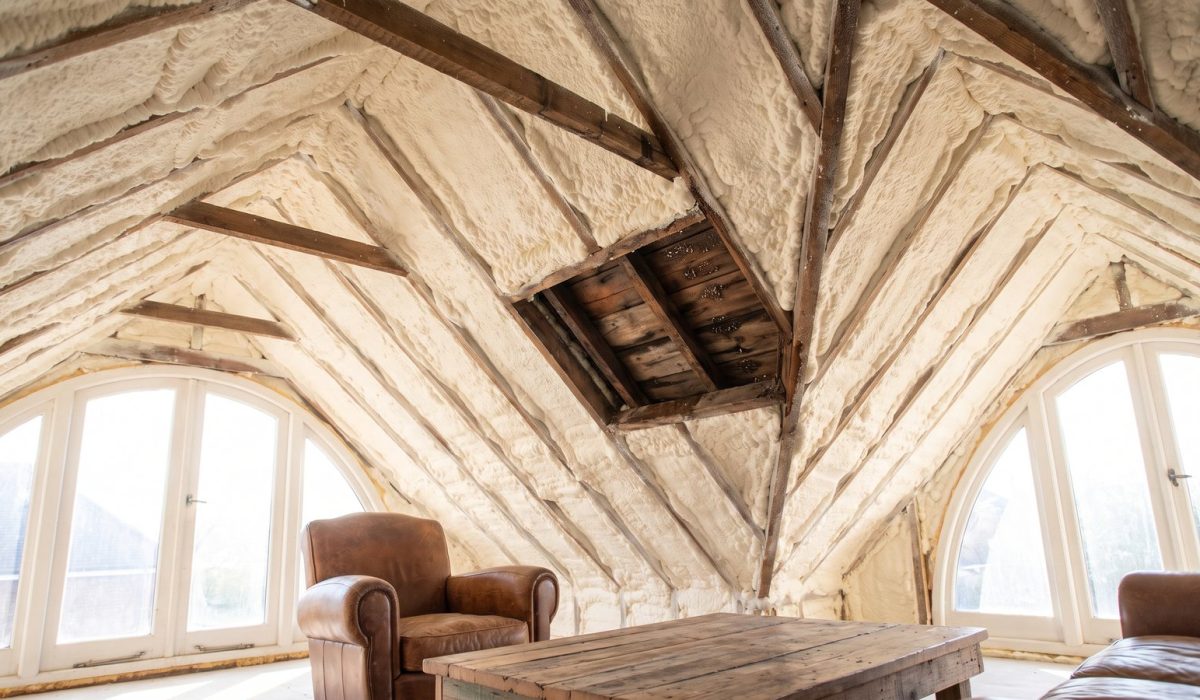 A British loft where dense pale foam completely hides the roof timbers, with one small area cut open showing dark damp timber inside