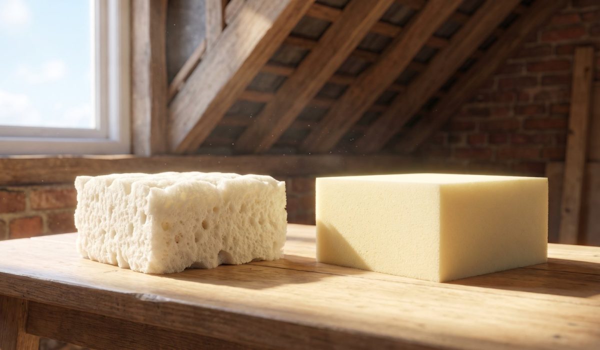 Two foam samples side by side on a sunlit workbench in a loft: one soft, open and spongy off-white, one dense, rigid and pale yellow