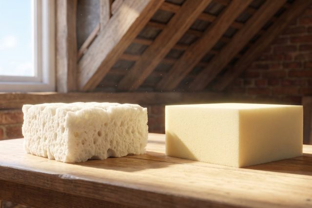 Two foam samples side by side on a sunlit workbench in a loft: one soft, open and spongy off-white, one dense, rigid and pale yellow