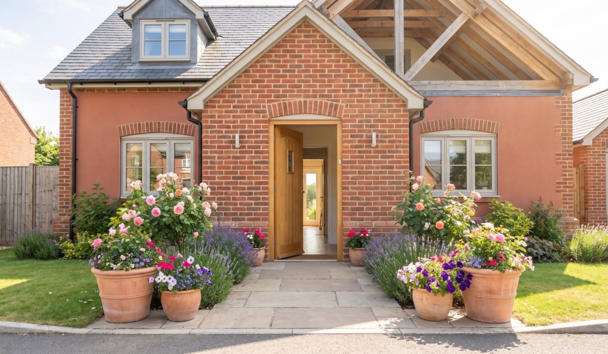 A well-presented British house exterior in bright sunshine with an open front door, tidy path and flowering pots, welcoming and ready for viewings