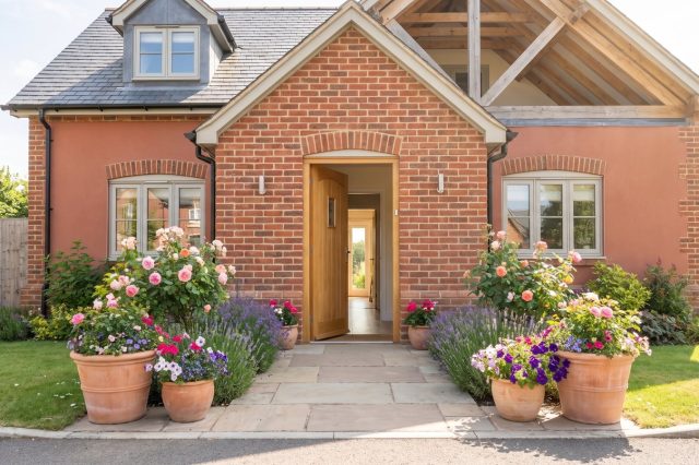 A well-presented British house exterior in bright sunshine with an open front door, tidy path and flowering pots, welcoming and ready for viewings