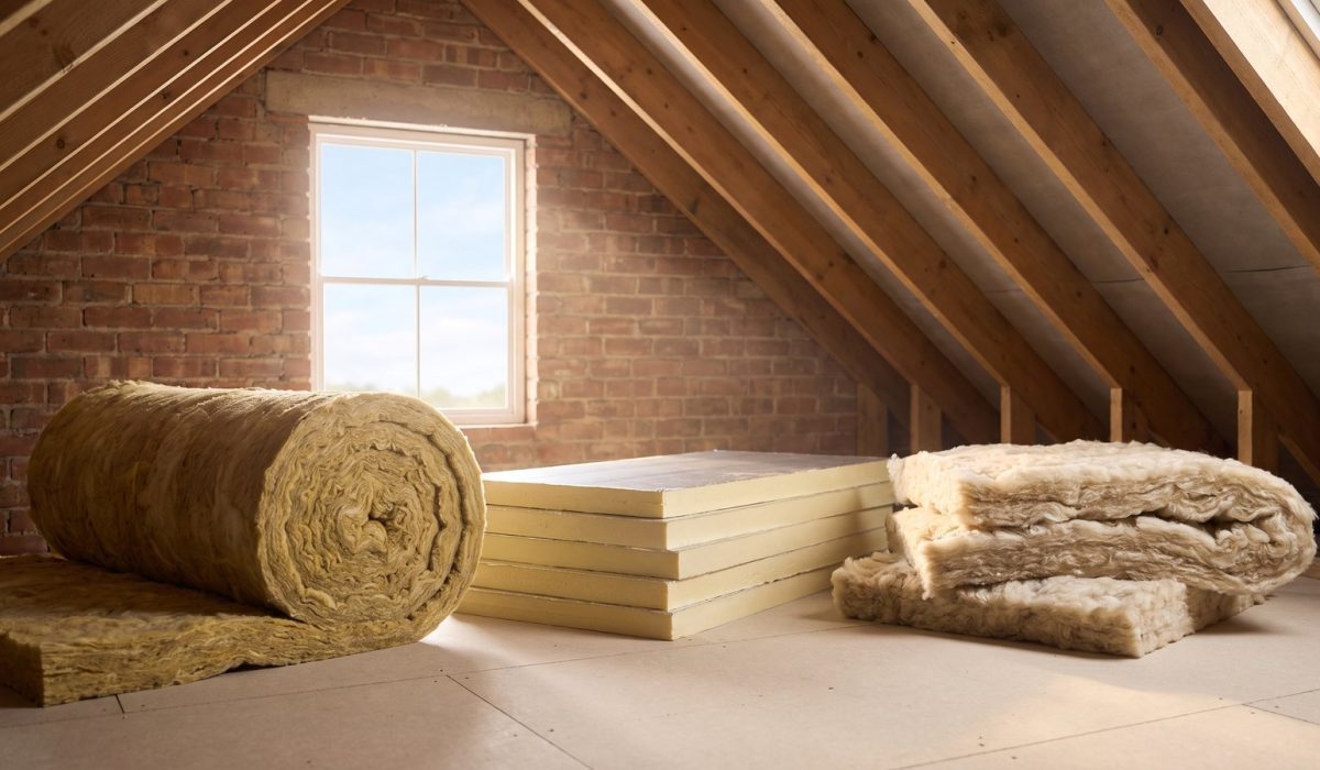 A neat arrangement in a sunlit British loft of three insulation types side by side: rolled mineral wool, rigid PIR board and natural wool batts