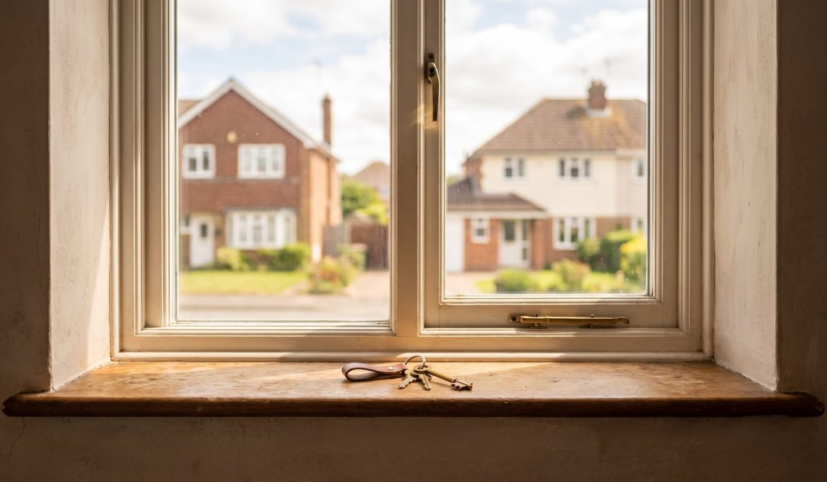 A set of house keys resting on a sunlit windowsill inside a British home, with a softly blurred residential street visible through the glass