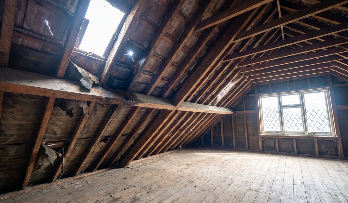 A stripped British loft revealing unexpected problems: a cracked roof tile letting in a pinhole of daylight