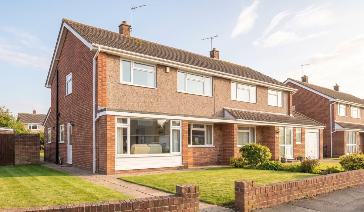 A tidy British 1960s semi-detached house with a shallow tiled roof, large picture window and neat front lawn, in clear bright sunshine