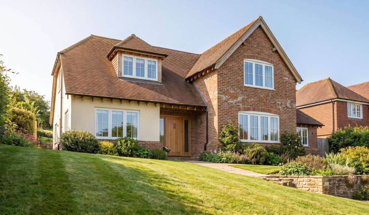 A British detached house in warm sunshine seen from the front garden, handsome and well-kept, with a soft downward-sloping foreground lawn