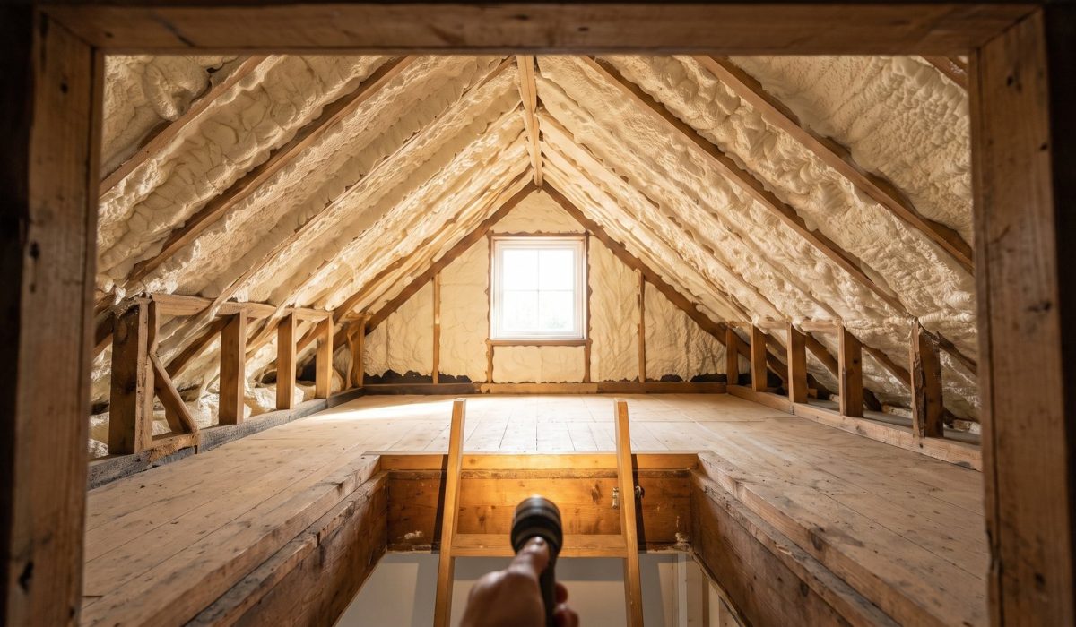 A prospective buyer's view up through an open loft hatch into a sunlit British loft where pale spray foam is visible on the rafters