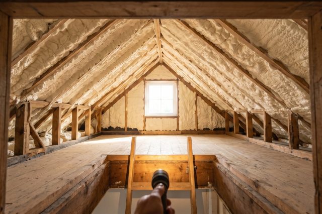 A prospective buyer's view up through an open loft hatch into a sunlit British loft where pale spray foam is visible on the rafters