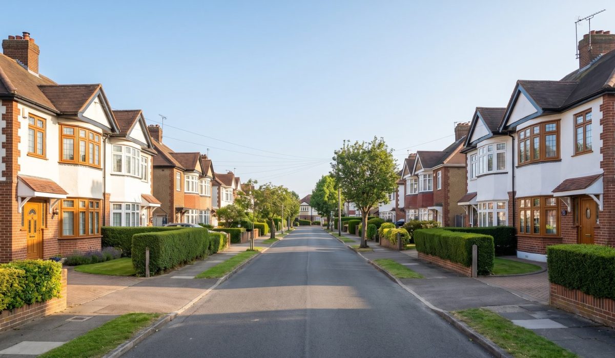 A British suburban street of 1930s bay-fronted semis in bright morning sunshine, clipped hedges, red brick and white render