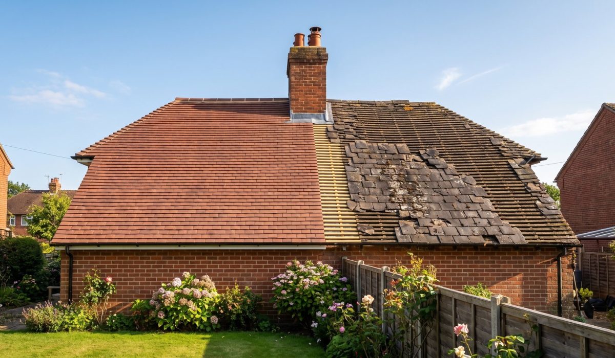 A British house roof seen from the garden in bright sunshine
