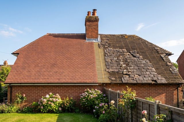 A British house roof seen from the garden in bright sunshine