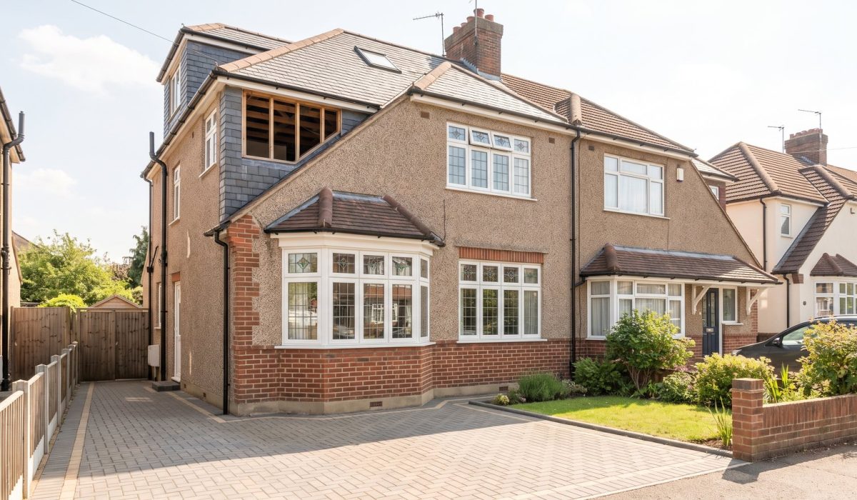 A classic British suburban semi-detached house with a pebbledash and brick facade, bay window and neat driveway, under bright soft sunshine