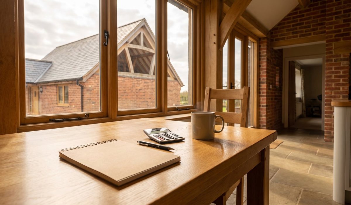 A sunlit British kitchen table by a window with a plain notepad, a pen, a pocket calculator and a mug of tea, warm domestic morning light