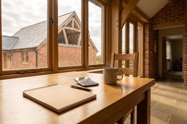 A sunlit British kitchen table by a window with a plain notepad, a pen, a pocket calculator and a mug of tea, warm domestic morning light
