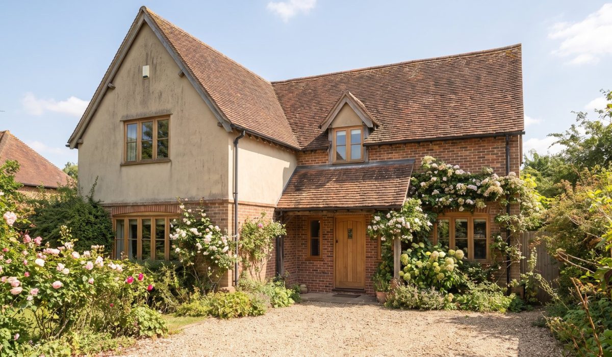 An older British house exterior in soft warm sunshine, slightly dated but well-built, with mature garden planting and a quiet, still atmosphere