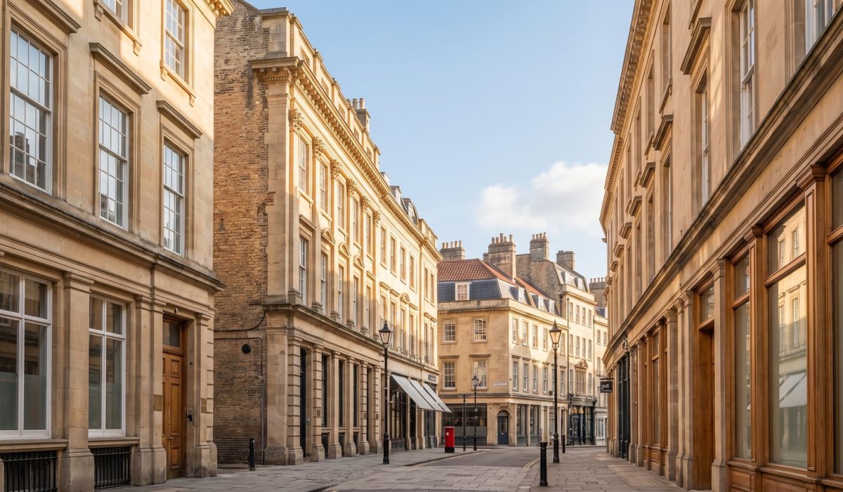 A sunny British city street with solid stone-fronted commercial buildings and tall sash windows, warm daylight raking across the facades