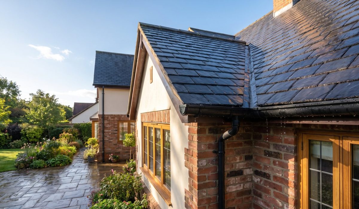 A British house exterior in bright sunshine after light rain, roof tiles glistening, water dripping gently from a gutter, clear sky returning