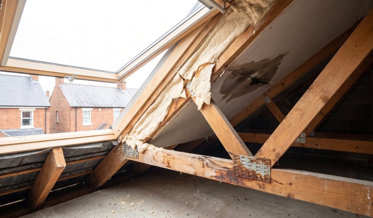A British loft interior showing several problems at once: pale foam cracking away from a rafter, a dark damp patch, and a rusted nail plate