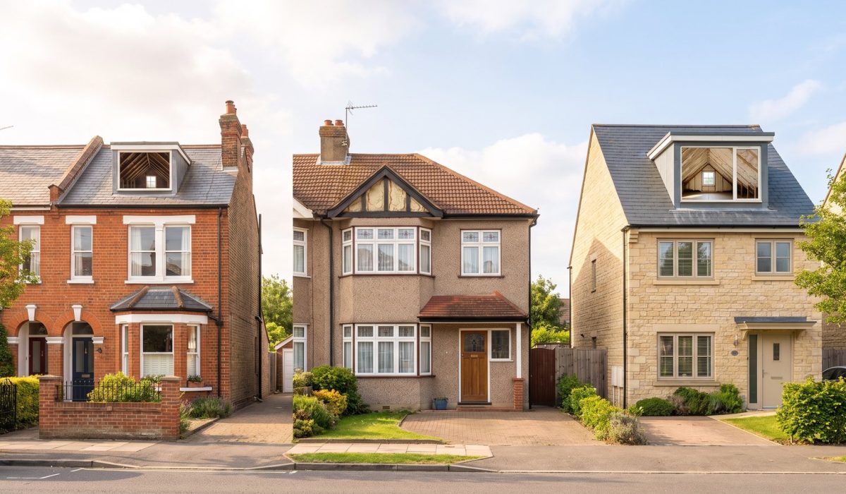 Three different British house types side by side on a sunny street, a terrace, a semi and a detached home, each distinct in brick and roof style