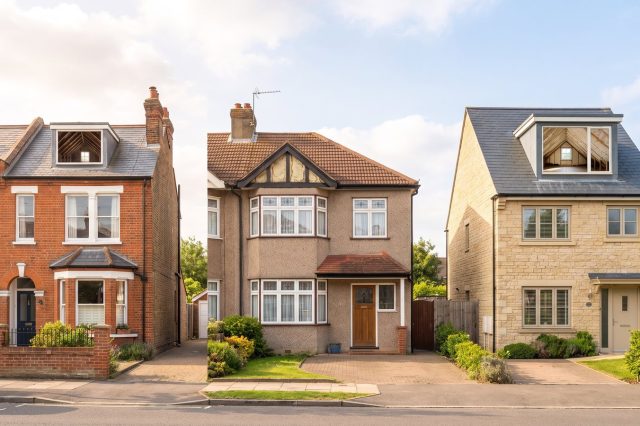 Three different British house types side by side on a sunny street, a terrace, a semi and a detached home, each distinct in brick and roof style