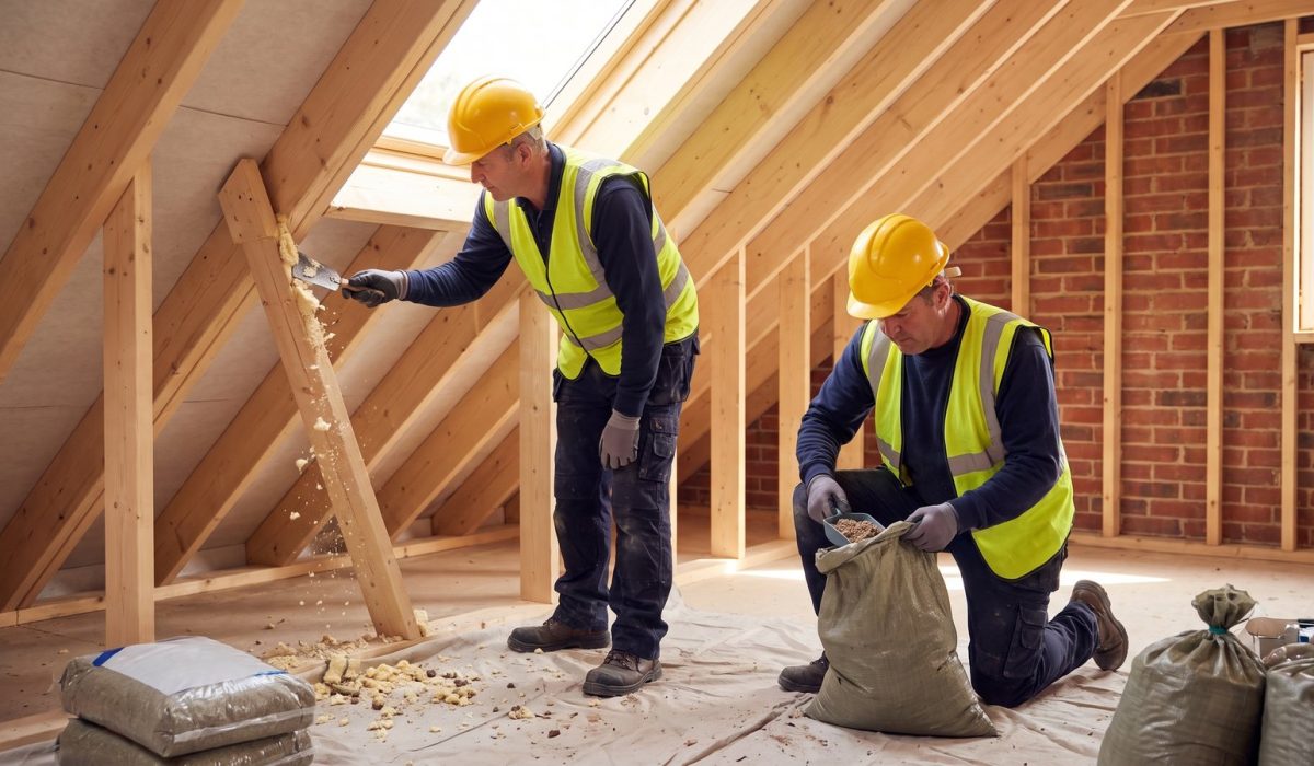 Two tradesmen in yellow hard hats and hi-vis vests working in a sunlit British loft, one scraping foam from a rafter