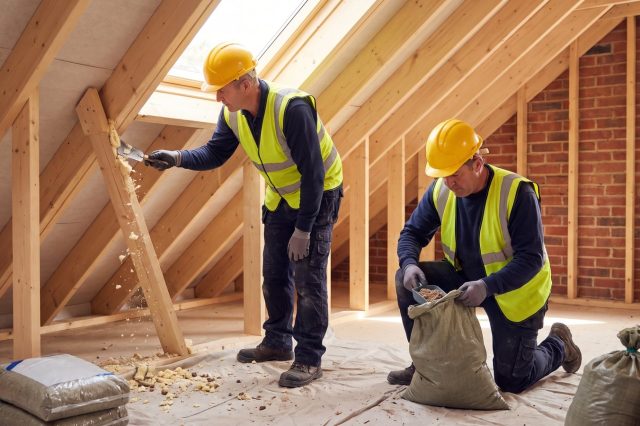 Two tradesmen in yellow hard hats and hi-vis vests working in a sunlit British loft, one scraping foam from a rafter