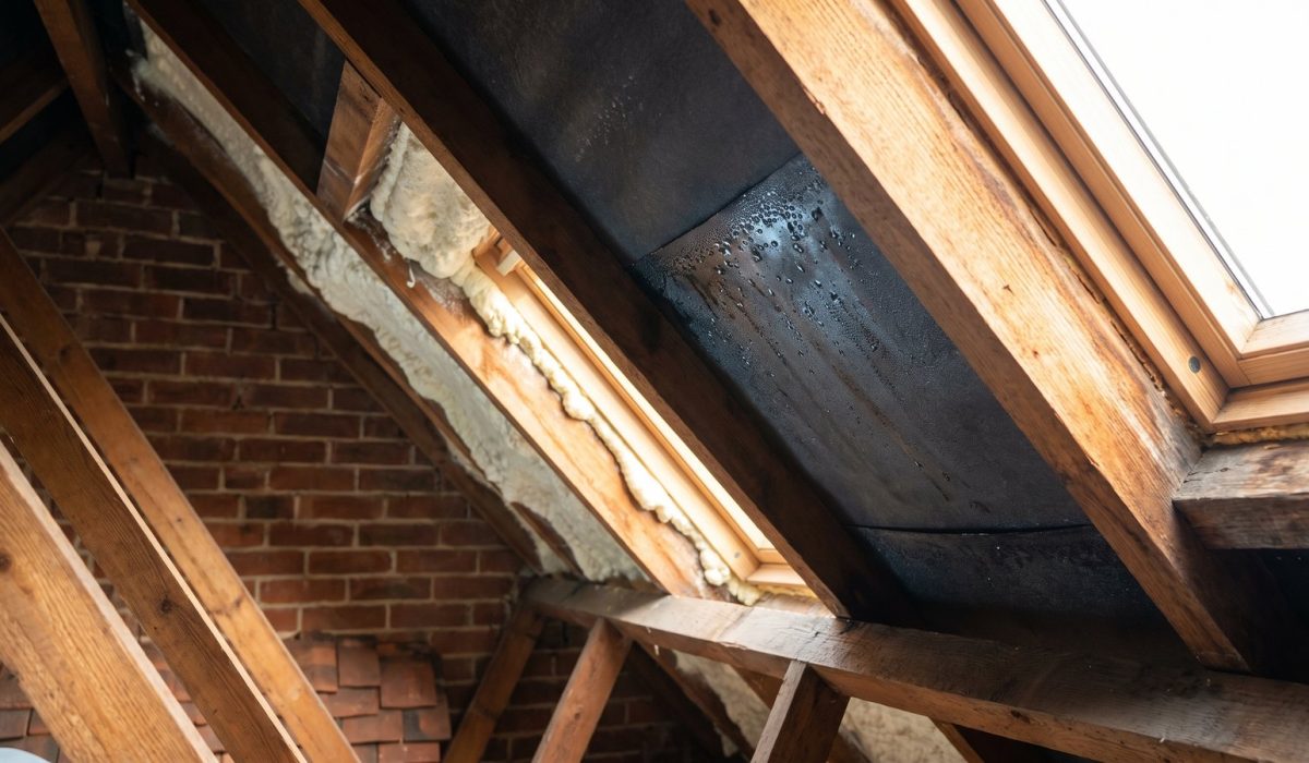A British loft rafter with beads of condensation on the underside of the roofing felt where it meets pale foam, glistening in a shaft of daylight
