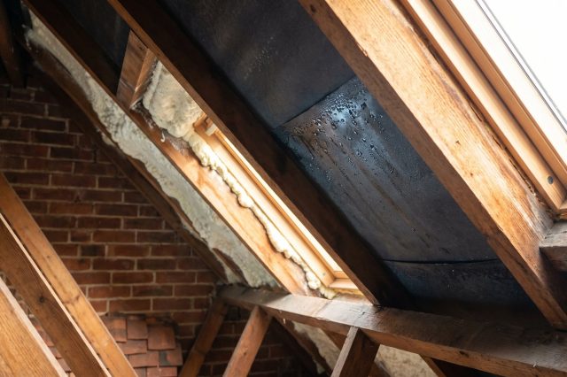 A British loft rafter with beads of condensation on the underside of the roofing felt where it meets pale foam, glistening in a shaft of daylight