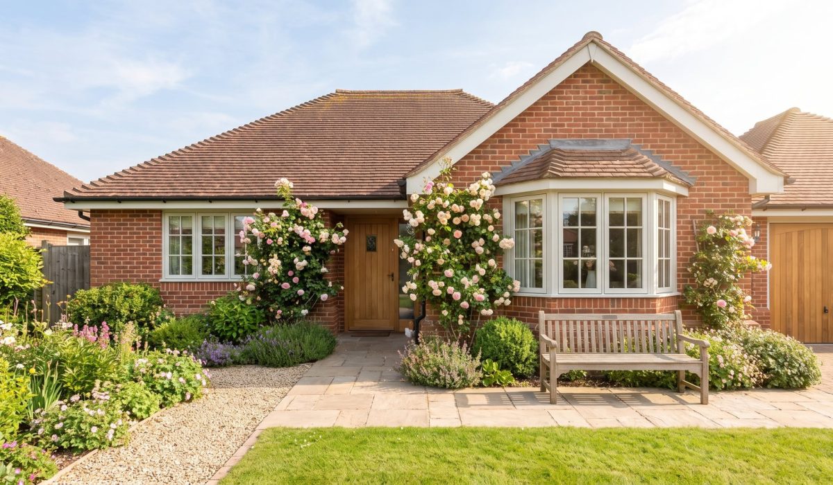 An older British couple's home exterior in gentle warm sunshine, a well-kept bungalow with a mature front garden