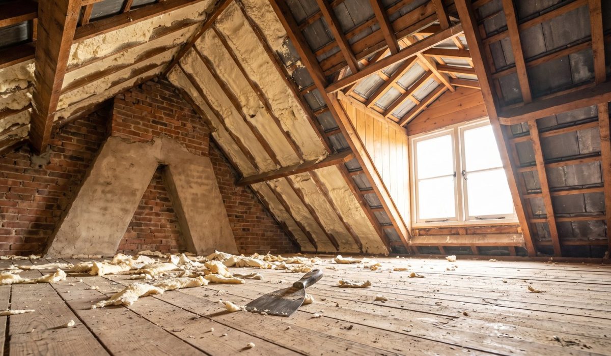 A British loft with an amateur half-finished attempt at foam removal: patchy foam remnants on rafters