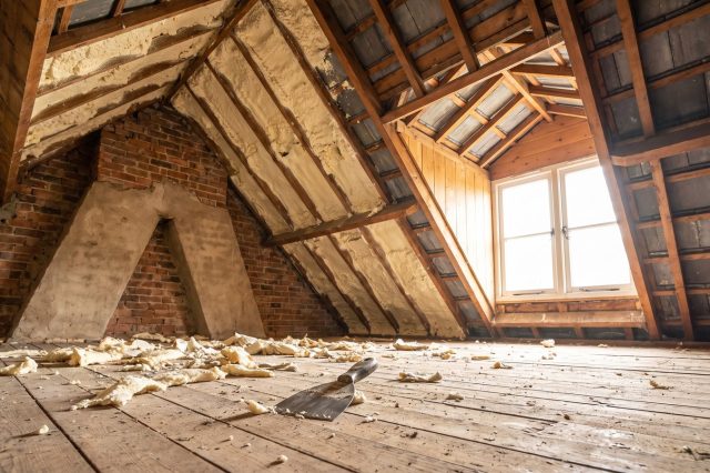 A British loft with an amateur half-finished attempt at foam removal: patchy foam remnants on rafters