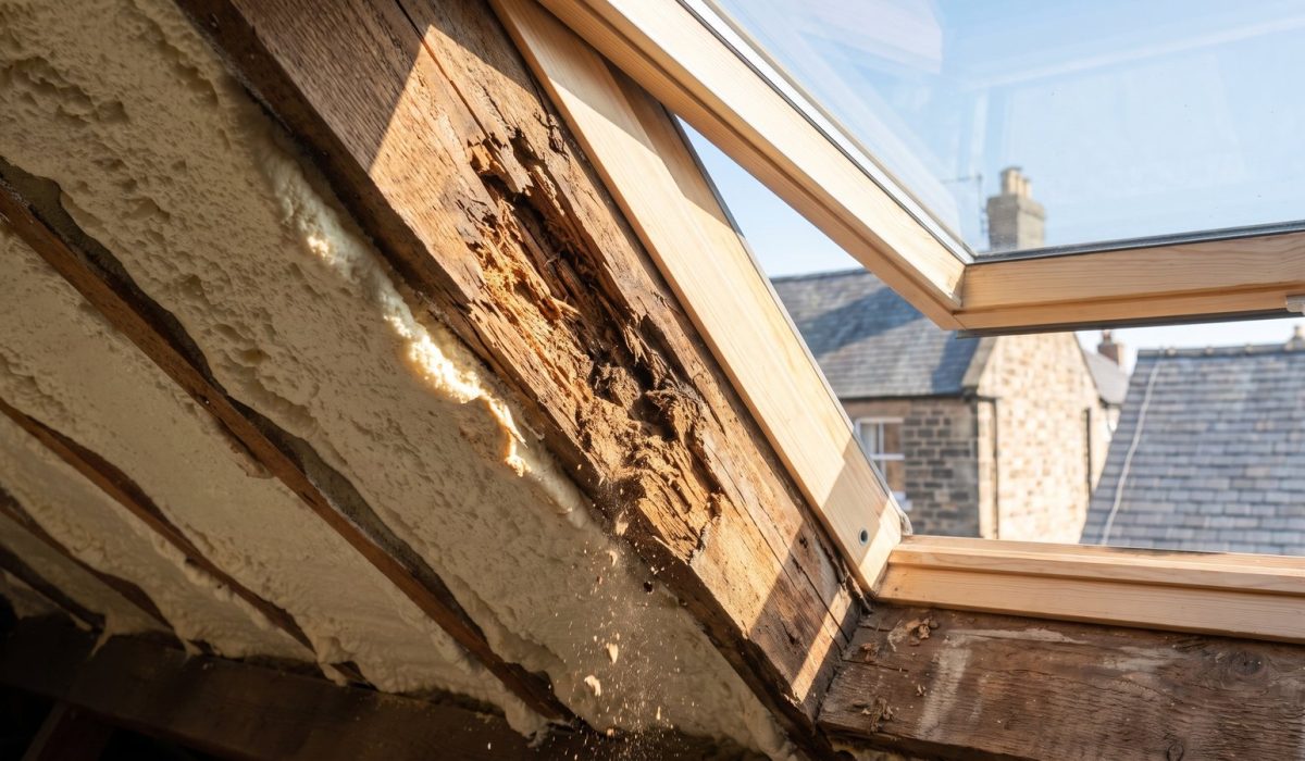 A British loft rafter with foam peeled back to reveal soft, dark, crumbling rotten timber with visible fibre breakdown