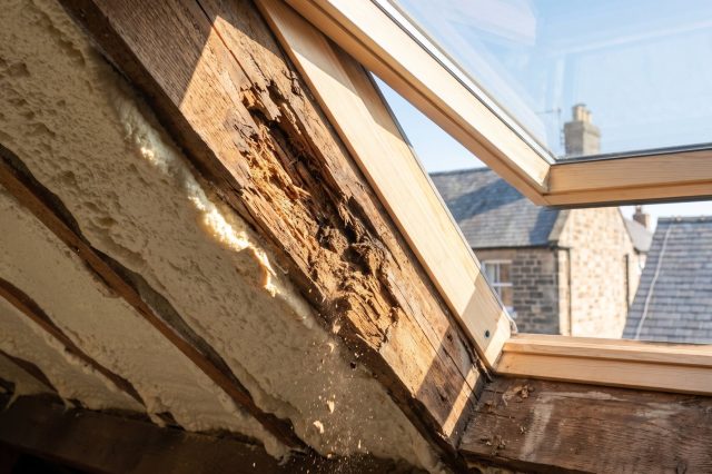 A British loft rafter with foam peeled back to reveal soft, dark, crumbling rotten timber with visible fibre breakdown