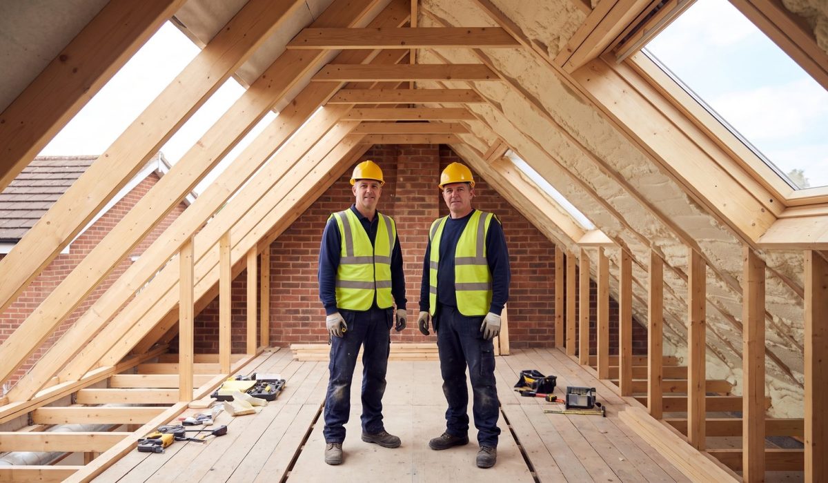 A British loft mid-project seen wide: roughly half the roof slope stripped back to clean timber, the rest still covered in pale foam