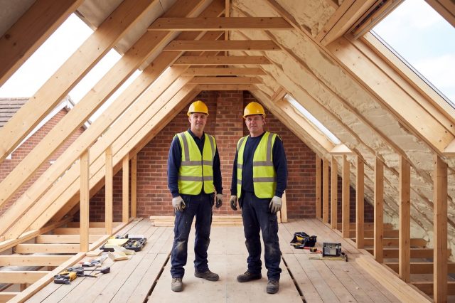 A British loft mid-project seen wide: roughly half the roof slope stripped back to clean timber, the rest still covered in pale foam